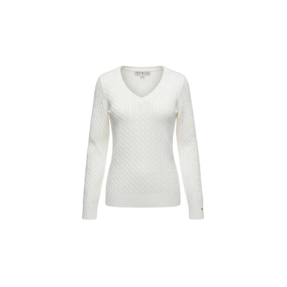 Tommy Hilfiger Women White Cable Knit V-Neck Sweater Long Sleeve Ivory Small